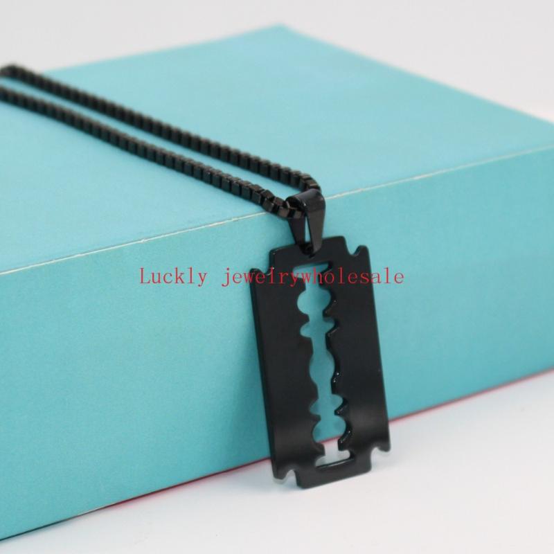 Plated Black Men's Punk Hip-Hop Stainless Steel Razor Blade Dog Necklace Pendant with 24'' Box Chain Barber Jewelry