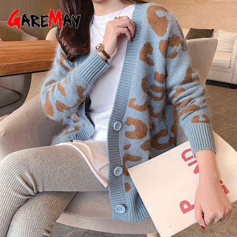 Autumn Winter Knitted Leopard Sweaters Women Korean V Neck Thick Print Cardigan Coat Loose Button Outwear Tops 211109