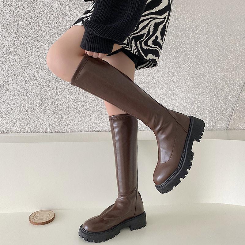 Boots 2021 Woman's High Fashion Knee Slim Thick Sole Pu Ladies Flat Heels Woman Shoe Platform Female Shoes Autumn
