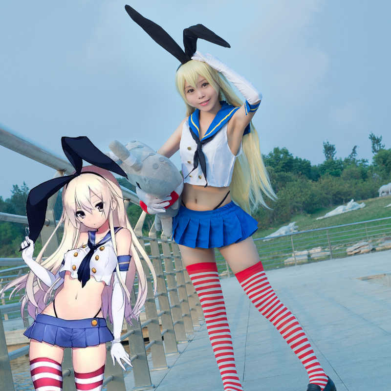 Anime Kantai Collection Shimakaze Uniforms Cosplay Cos Costume Free Shipping+Socks (Top+skirt+Tie+headwear+gloves+socks+thong) Y0913