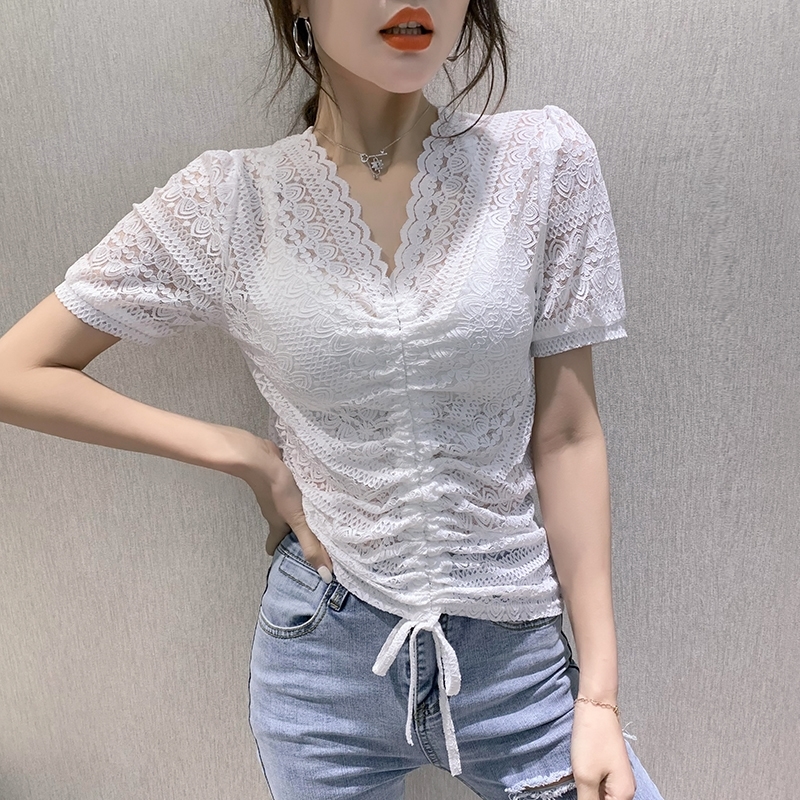 Summer Korean Clothes T-shirt Fashion Sexy Lace Hollow Out Women Tops Ropa Mujer Shirt Lace Up All Match Tees New T04826 T200614