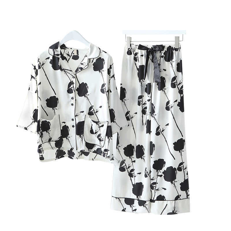 Satin Women Sleepwear Print Flower Pyjamas Casual Pajamas Set Lounge Wear 2PCS Shirt&Pants Nightwear Intimate Lingerie Q0706