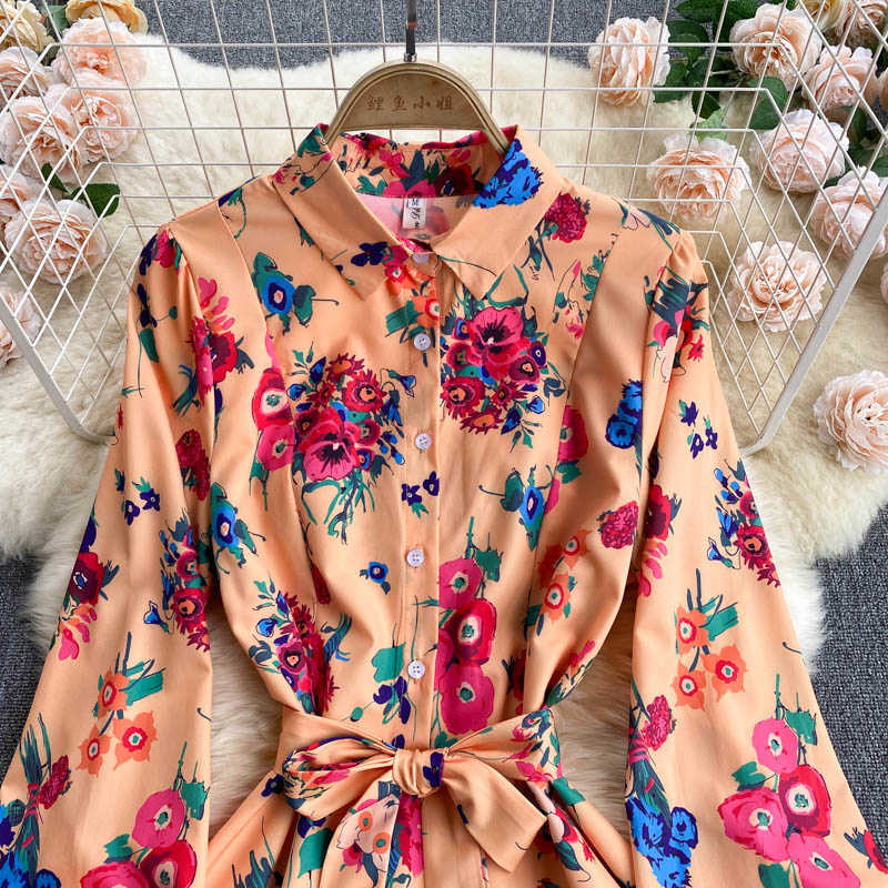 DEAT Women Printing Vintage Dress Lapel Long Sleeve Arrivals Lady Temperament Fashion Spring Autumn 11D2024 210709