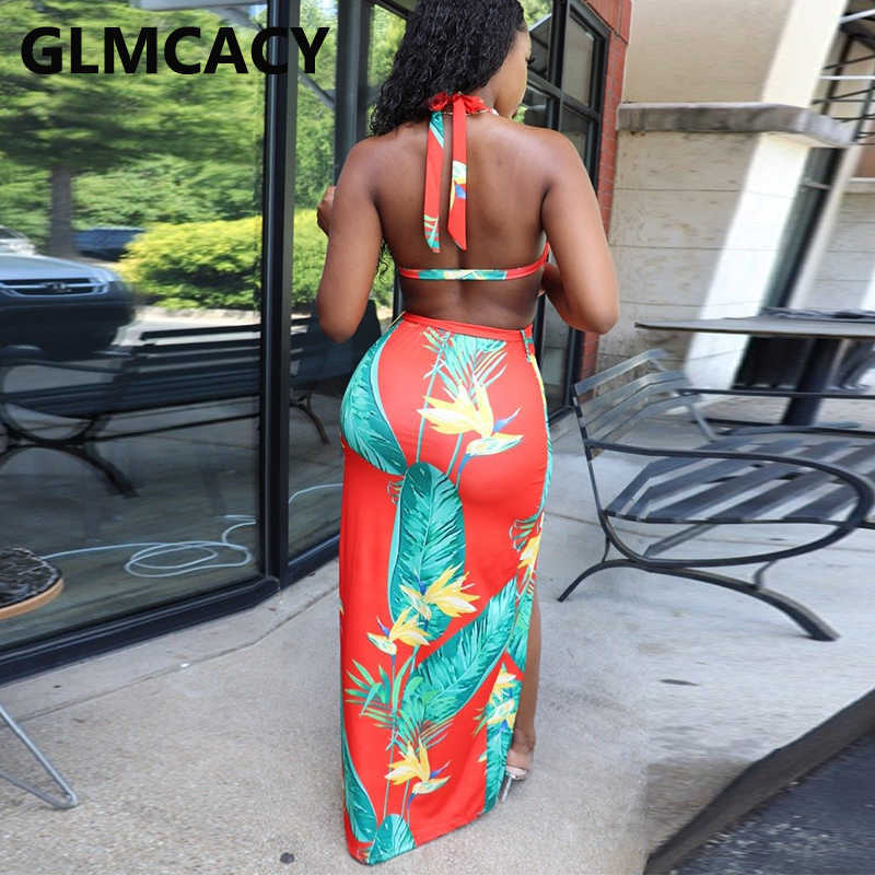 Tropical Printed Summer Beach Dress Halter V Neck Backless Party Dress 210702
