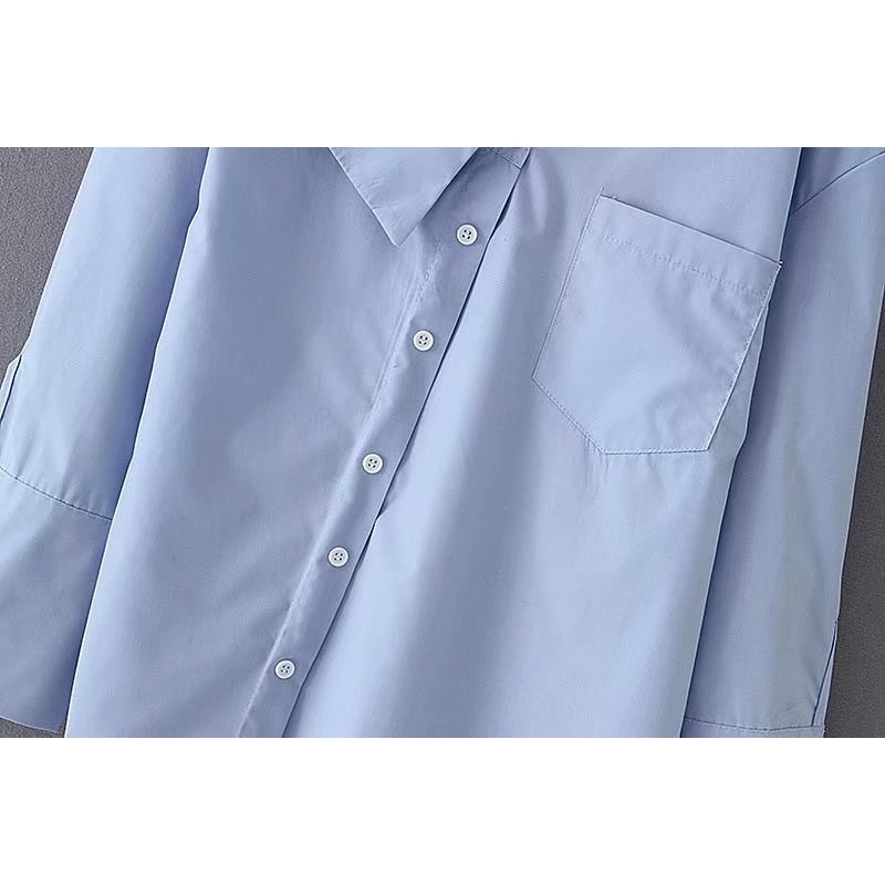 Est Women Stylish Solid Blue Irregular Skew Collar Blouse Long Sleeve Buttons Decorate Shirts Elegant Female Tops 210308