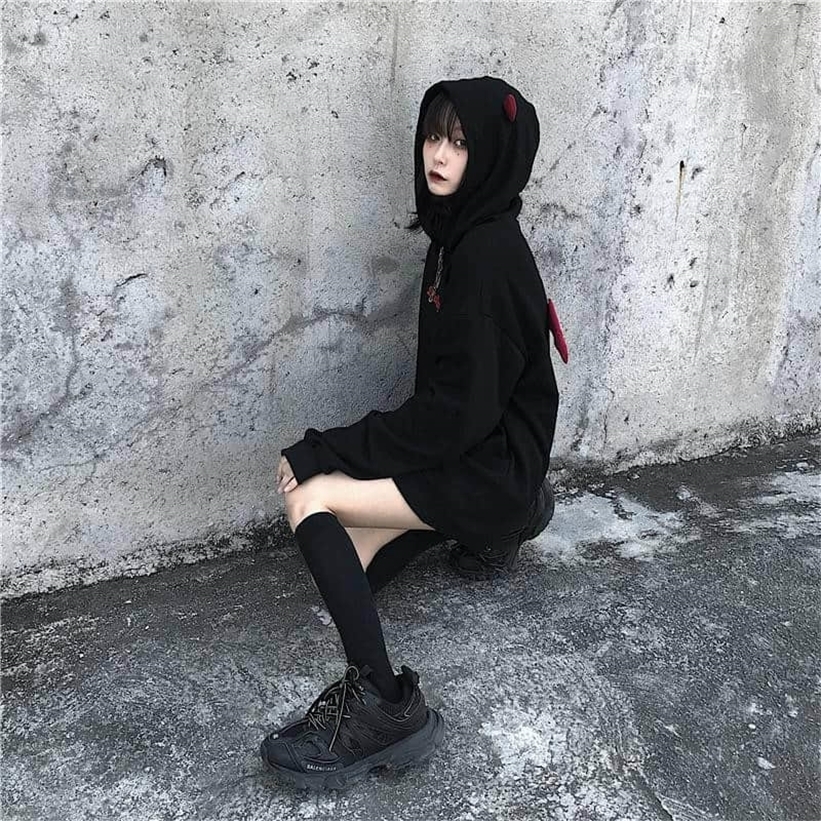 Spring Autumn Women Sweatshirts High Street Harajuku Cute Hoodies Punk Gothic Devil Horn Chic Hooded Pullover Loose Sweat CA6865 201212