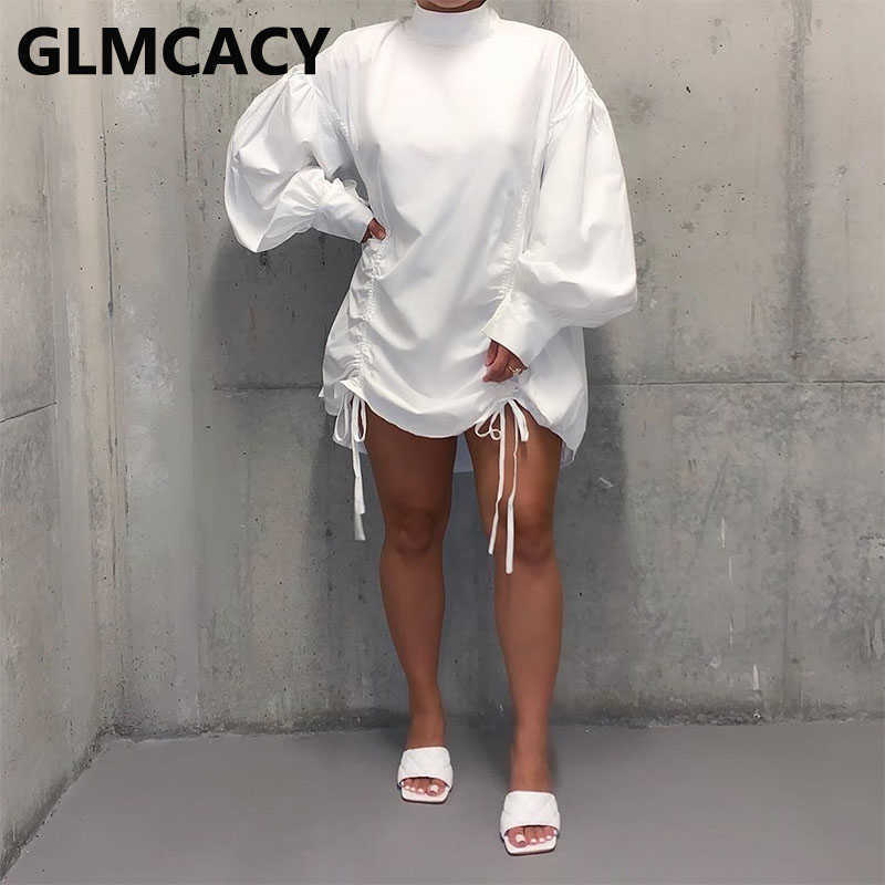 Women O-neck Puff Sleeve Drapped Mini Dress Loose Style Plus Size Dress 210702