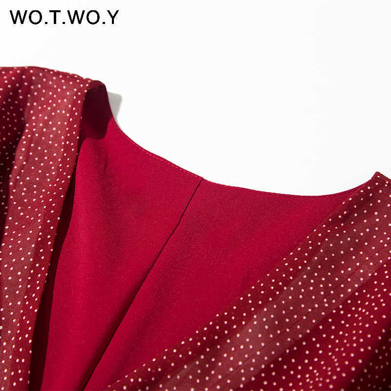 WOTWOY Bohemian Dot Print Dresse Summer Cross V-neck Sashes Mid-Calf Dress Lady Long Sleeve Button Female 210623