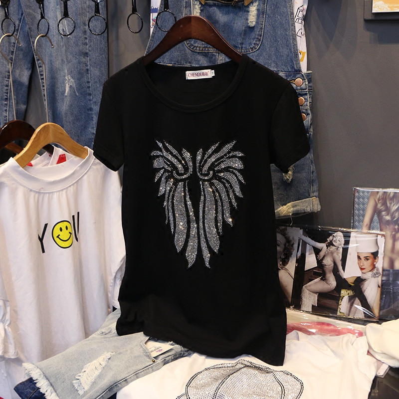 Hiawatha Rhinestone Short Sleeve T-Shirt Women Summer Casual Black Cotton Diamond Tops TX079 210306