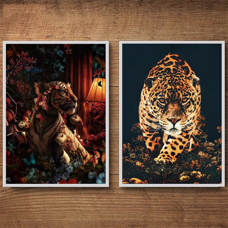 Black Golden Lion Tiger Parrot Among Flowers Luxurious Animal Poster Modern Art Canvas Painting for Living Room Wall Decoration