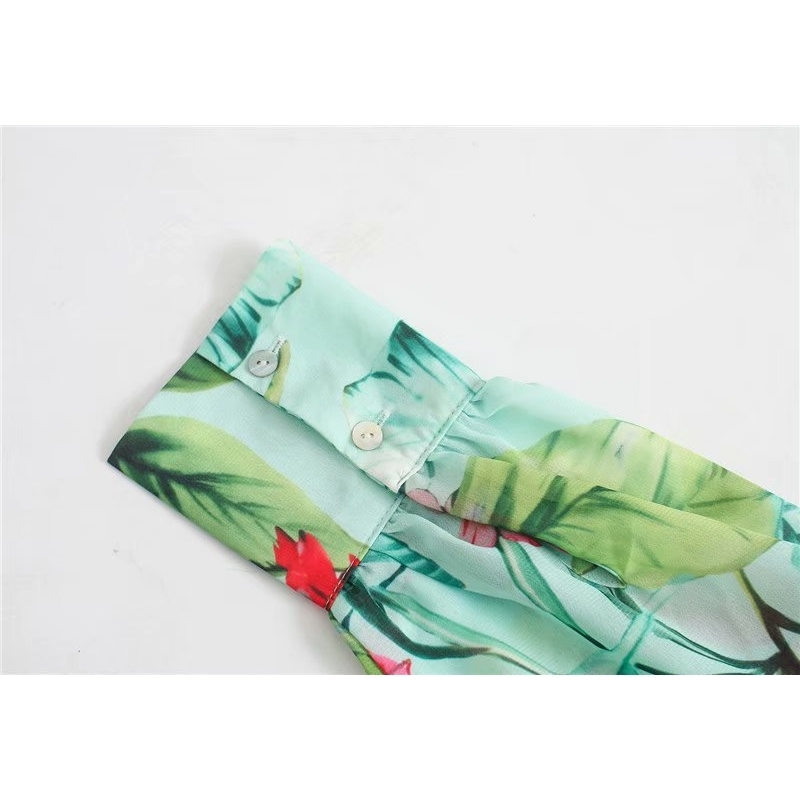 New women vintage v neck red floral green leaves print casual midi dress ladies sashes vestidos chic chiffon dresses DS3635 T200603