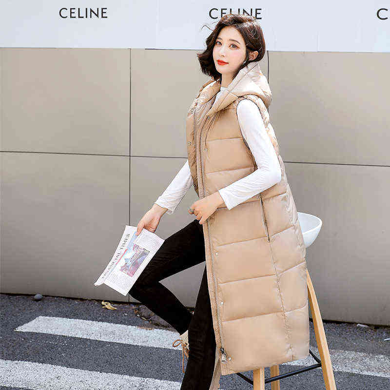 Hooded Solid Winter X-Long Thick Vest Jacket for Women Casual Loose Down Cotton Waistcoat Quilted Zipper Sleeveless 211120