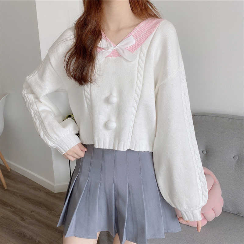 Lucyever Sweet Bowknot Knit Sweaters Women Autumn Casual Lantern Sleeve V Neck Pullovers Female Wild Knitted Short Sweater 210918