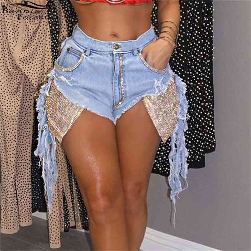 Bonnie Forest Women Washed Denim Shorts With Sequins Patchwork Detail Casual Fringe Trim Ripped Skinny XXL 210714