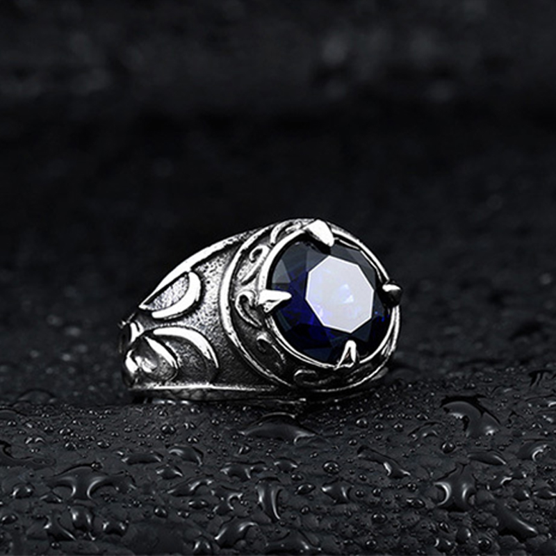 Vintage Stainless Steel Solitaire Ring Inlay Round Cubic Zirconia CZ Stone Statement Rings for Men