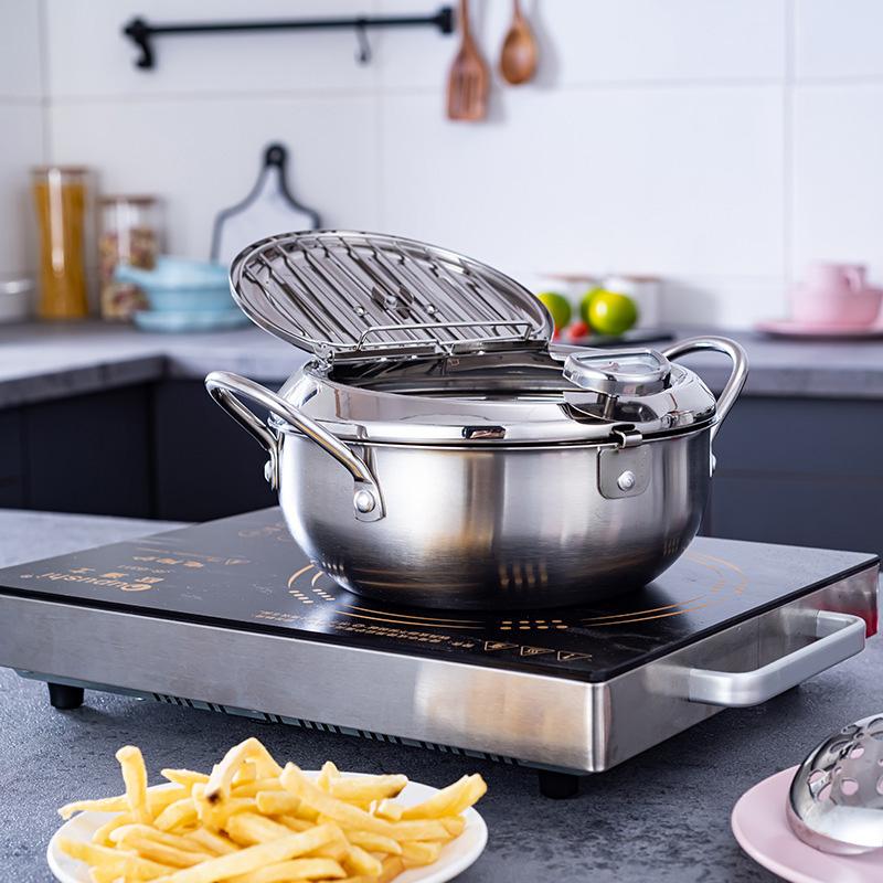 Rakkaus Japanese Deep Frying Pot with a and a Lid 304 Stainless Steel Kitchen Accessories Tempura Fryer Pan 20 24 cm