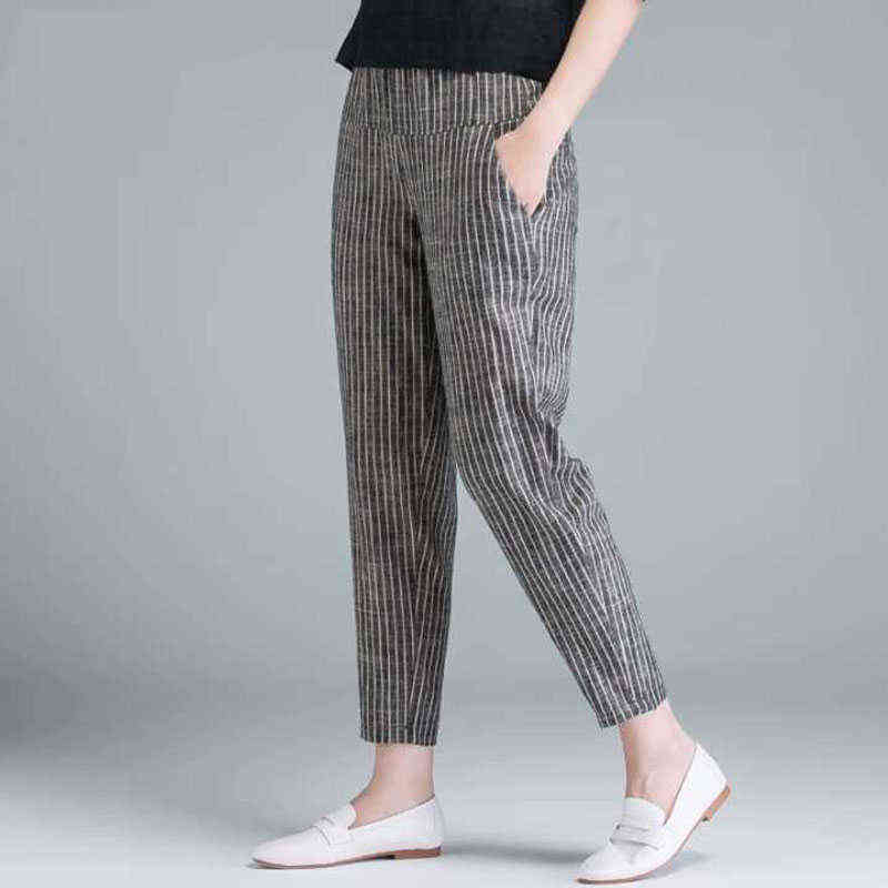 Spring Casual Harem Pants Korean Style High Waist Women Pants Stripe Cotton Linen Trousers Plus Size Streetwear Women 10299 211112