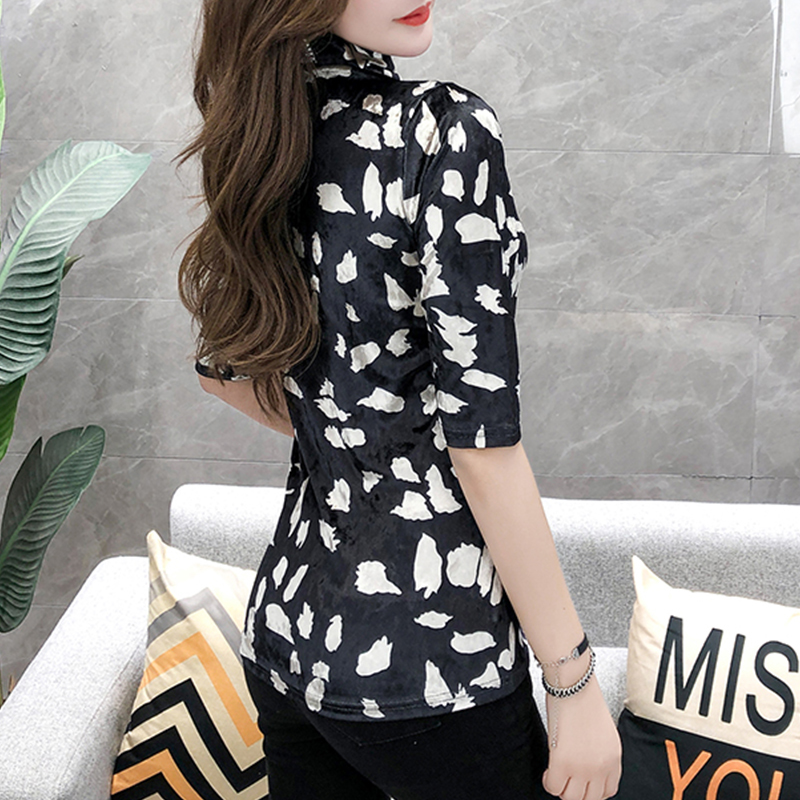 T Shirt Women Tshirt New Spring/Autumn Vintage Turtleneck Soft Velvet Print Half Sleeve T-shirt Slim Ropa Mujer T07811B 210302