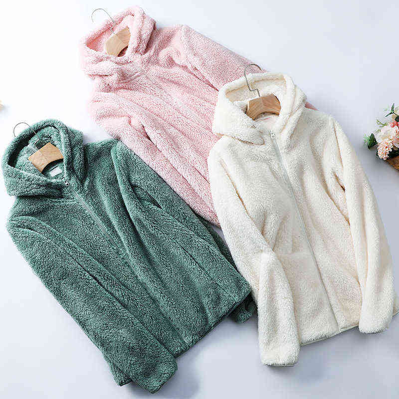 Women Fleece Hoodies Long Sleeve Hooded Pullover Sweatshirt Couple Autumn Winter Warm Zipper Pocket Fur Coat M-4XL 211109