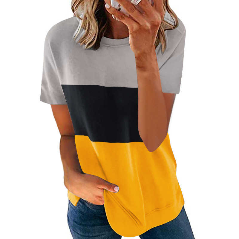 Plus Size S-5XL Women Tops Casual O-Neck Short Sleeve Loose T-shirt Summer Contrast Patchwork Oversized T-shirts Ladies 210526