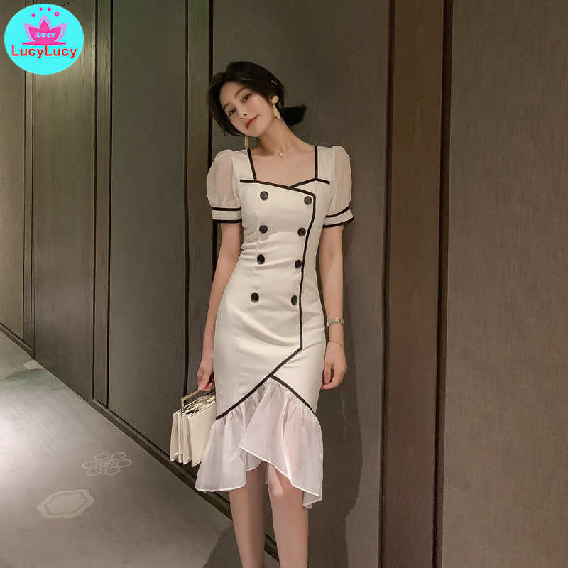 summer Korean temperament ladies fashion contrast color double-breasted fishtail dress 210603, White
summer Korean temperament ladies fashion contrast color double-breasted fishtail dress 210603, White
