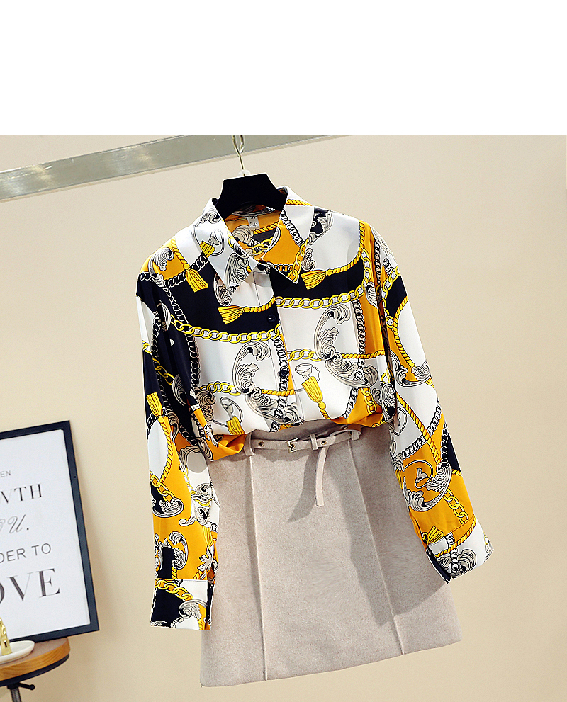 Spring Autumn Women's Print Blouse Fashion Loose Large Size Retro Chain Print Blouse Long Sleeve Chiffon shirt Women's GD232 210225