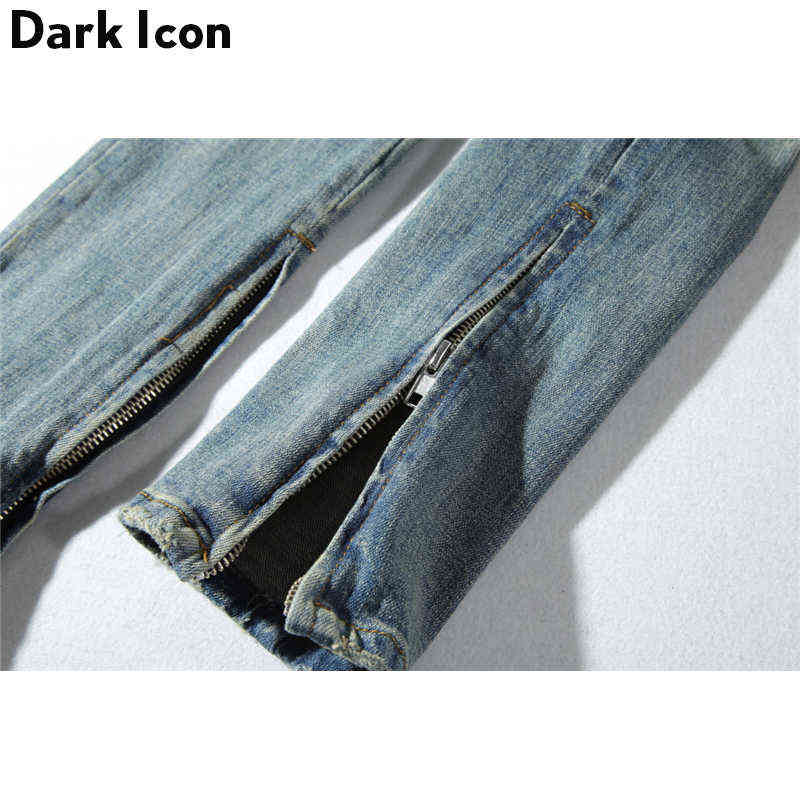 Dark Icon Pleated Knee Regular Hip Hop Jeans Men High Street Motorcycle Ankle Length Men's Denim Pants Full 211111