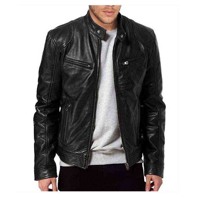 Autumn Men's Casual Fashion Stand Collar Slim PU Leather Jacket Solid Color Leather Jacket Men Anti-wind Motorcycle 211106