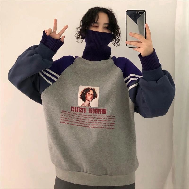 Winter Korean style Harajuku plus velvet hoodies women hoodies thick high collar stitching sweatshirt loose tops coat tide 201211