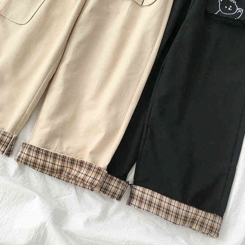 Lovely Embroidery Wide Leg Pants Women Casual Harajuku High Waist Loose Fashion Long Female Khaki Black Straight Bottoms 211115