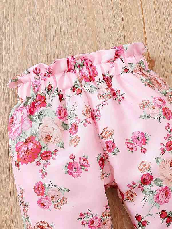 Baby Slogan Graphic Ruffle Trim Bodysuit & Floral Print Pants & Headband SHE