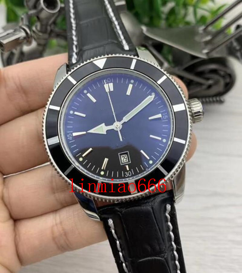 Classic high-quality luxury men's 47mm watch, black dial, automatic mechanical, leather strap