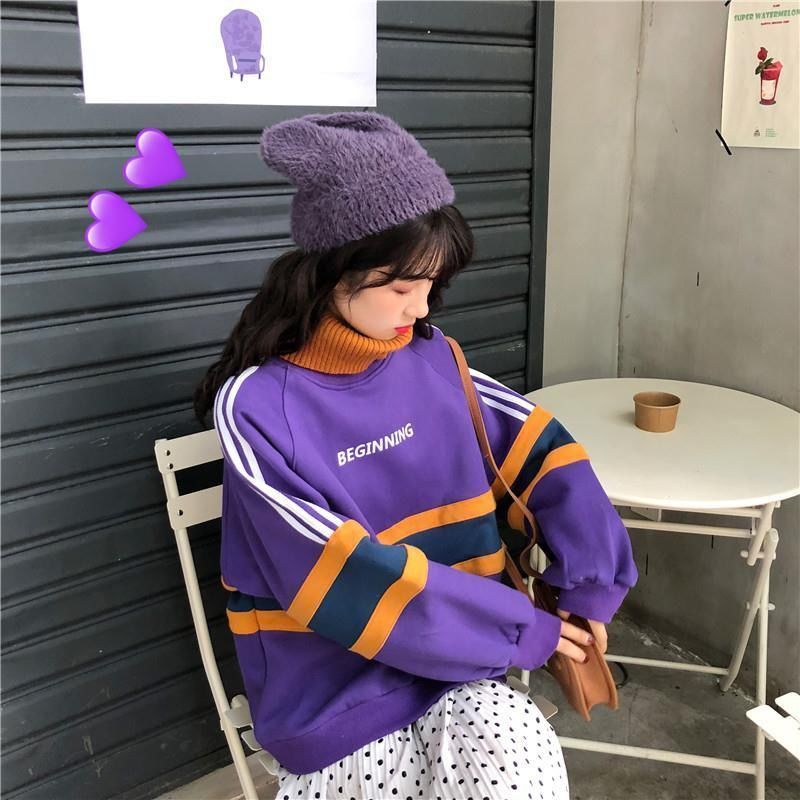Winter Korean style Harajuku plus velvet hoodies women hoodies thick high collar stitching sweatshirt loose tops coat tide 201211