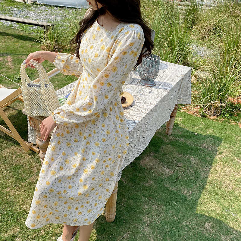 Spring Summer Dress Yellow Floral Print Loose Square Collar Lace Up Sweet Casual Cute Girls Fresh Dresses Women Outfits 210601