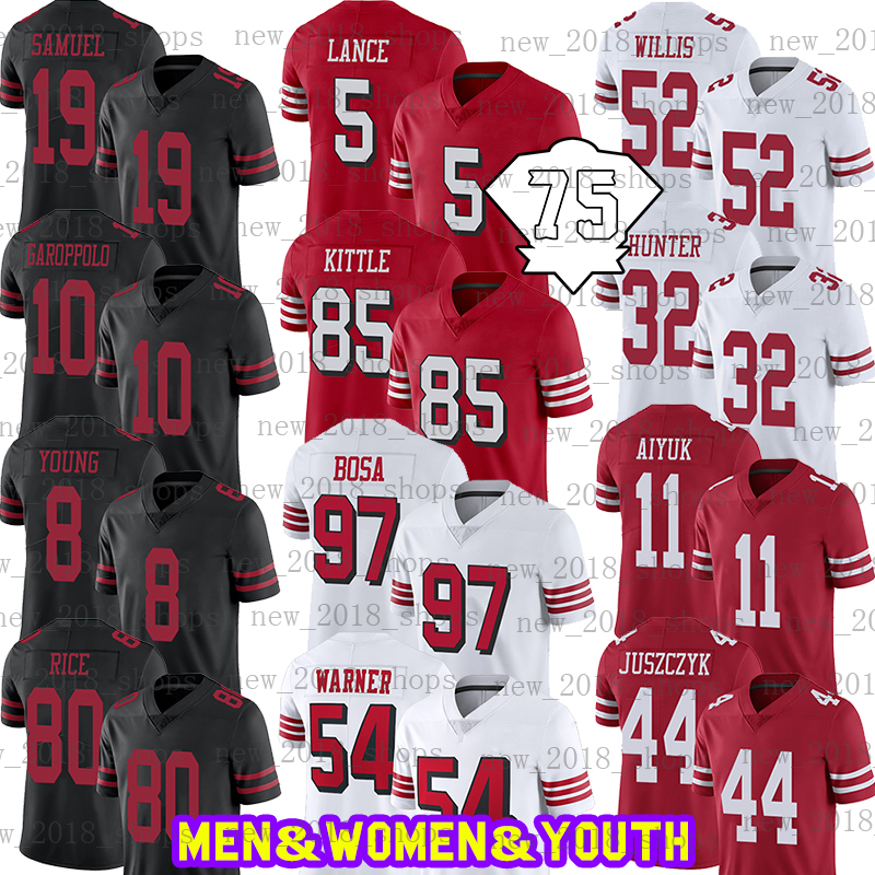 

85 George Kittle 5 Trey Lance Football jersey 54 Fred Warner San 97 Nick Bosa Francisco 19 Deebo Samuel 10 Jimmy Garoppolo 80 Jerry Rice 11 Brandon Aiyuk Raheem Mostert, Custom men jersey