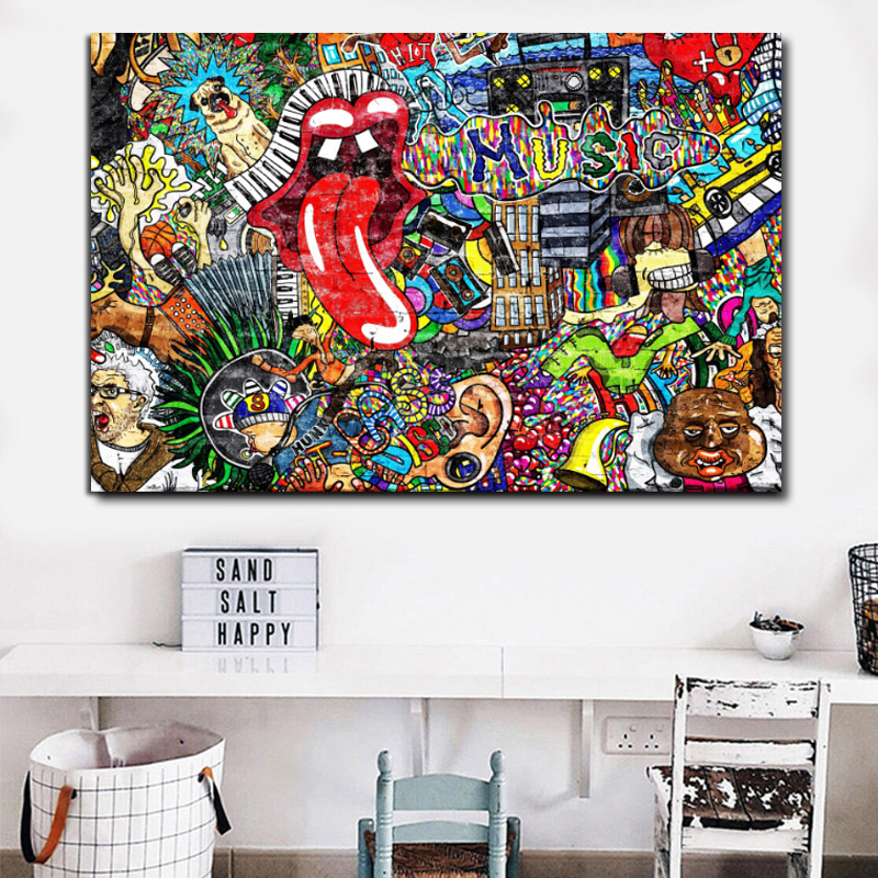 Graffiti Street Art Music Collage Abstract Figure Picture Canvas Painting Wall Art Poster Prints for Living Room Decor No Frame