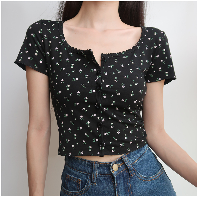 Women Scoop Neck Button down Floral Print Crop Tee Short Sleeve Floral Printed Crop Top 210306