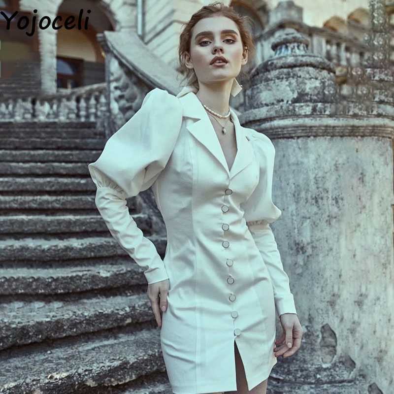 Yojoceli Elegant button cool lantern sleeve dres Spring white party shirt Casual short slim vestidos 210609