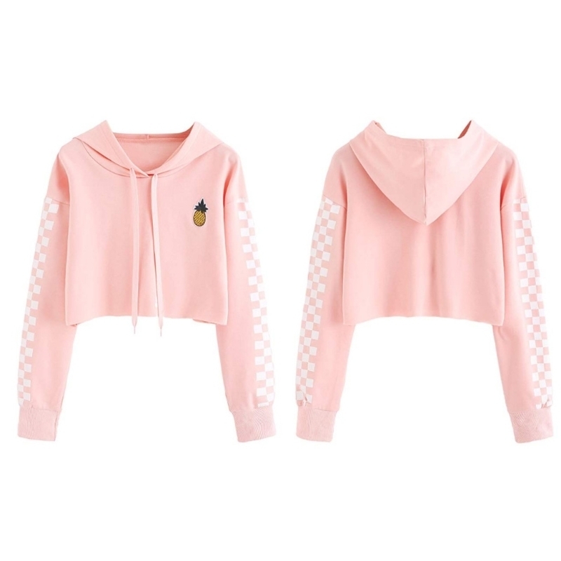 Womens Crop Tops Sweatshirt Pineapple Embroidery Gingham Plaid Hoodies Pullover LJ201103