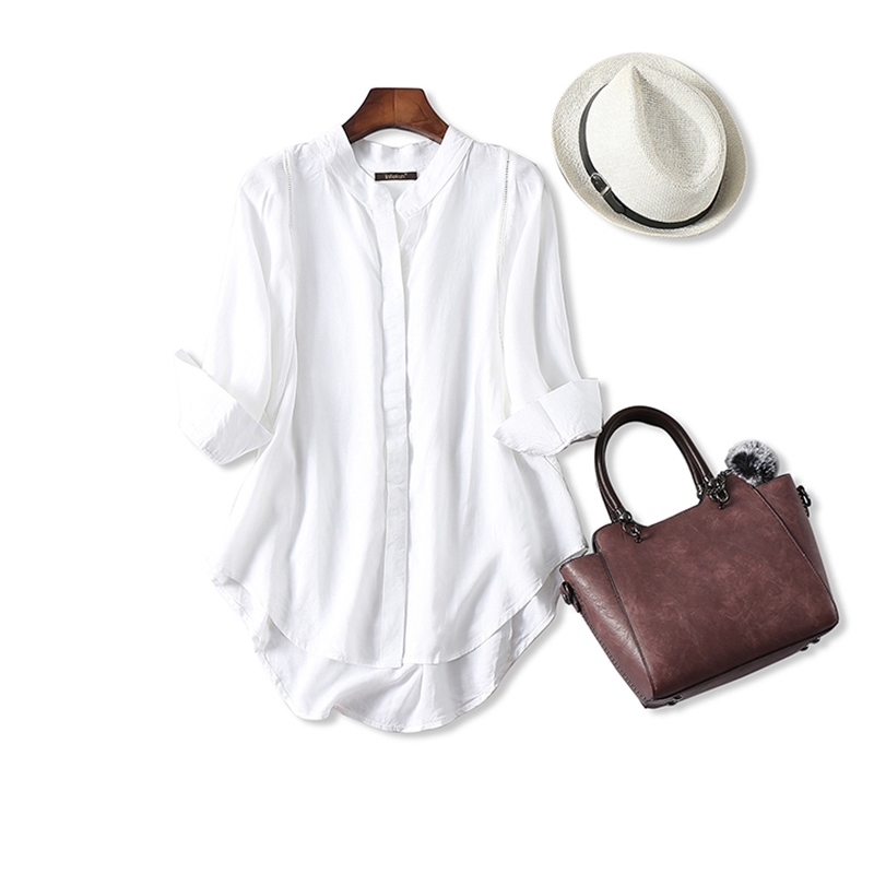SuyaDream Women Fall blouse 50%Cotton 50%Linen 3/4 sleeved White blouses Office lady shirt Fall Winter Light Blue 210225