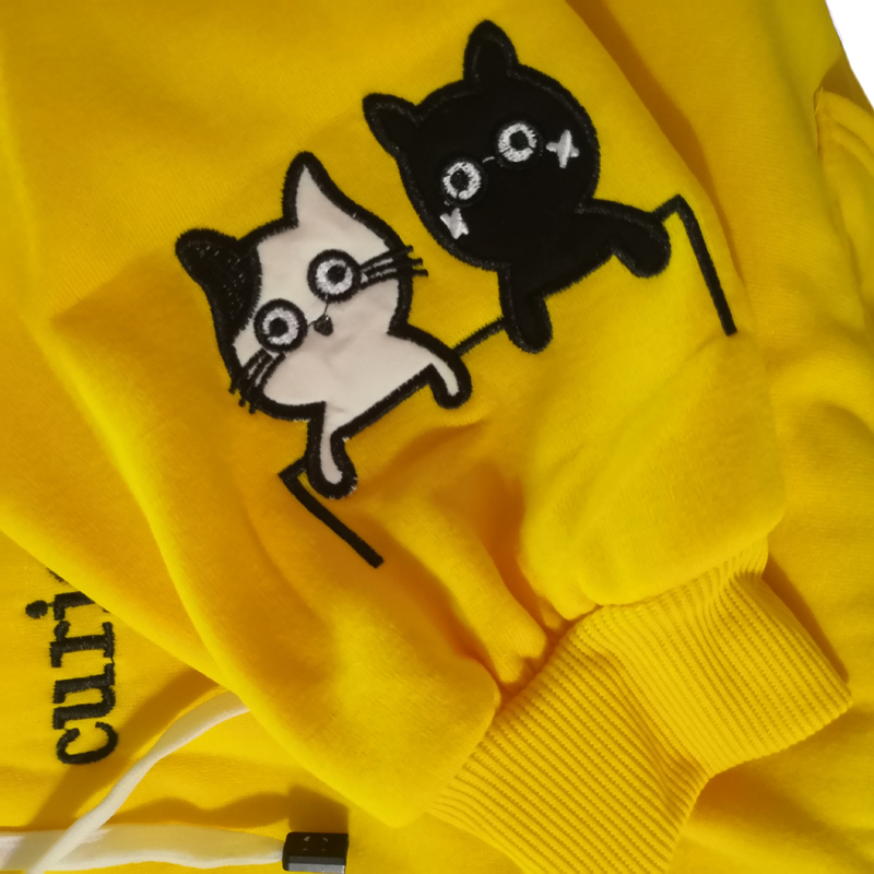 Harajuku Cute Cat Women Hoodies Long Sleeve Spring Autum Fleece Hooded Sweatshirts Be Curious Letters Pocket Pullover Woman Tops 201102