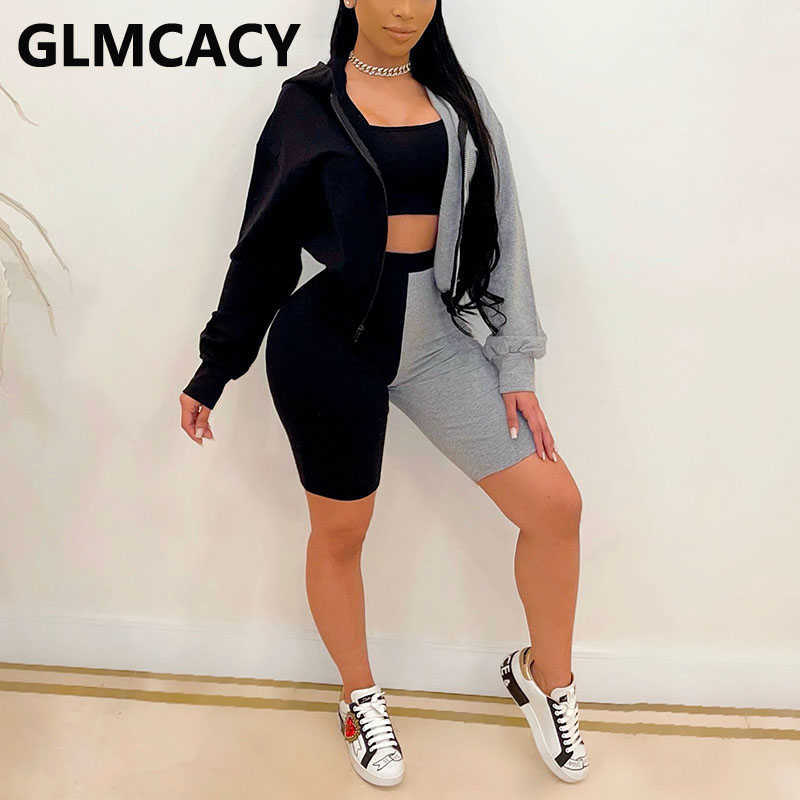 Three Pieces Sets Women Plus Size Long Sleeve Color Block Hoodies & Bodycon Shorts 210702