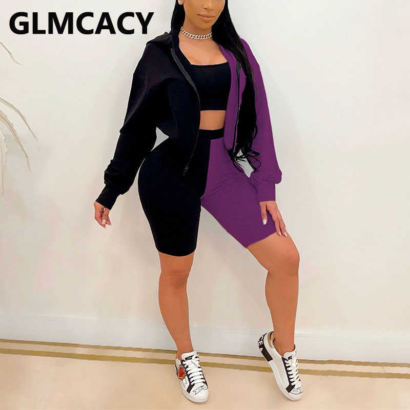 Three Pieces Sets Women Plus Size Long Sleeve Color Block Hoodies & Bodycon Shorts 210702