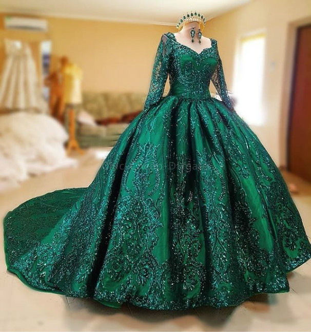 2021 Plus Size Arabic Aso Ebi Luxurious Lace Hunter Green Wedding Gowns Long Sleeves Ball Gown Vintage Sparkly Bridal Dresses ZJ154