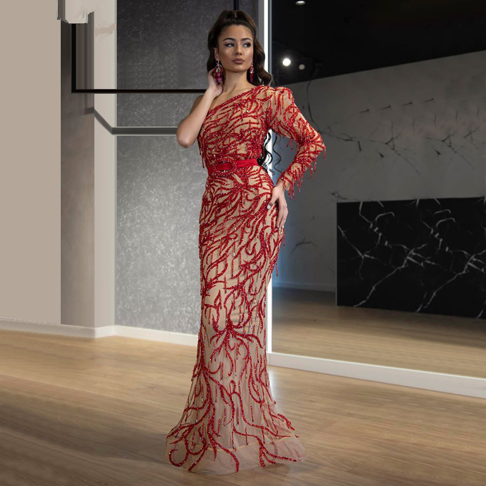 Glamorous One Shoulder Mermaid Prom Dresses Sequins Sash Detachable Train Evening Dress Custom Made Tassel Floor Length Celebrity Party Gown