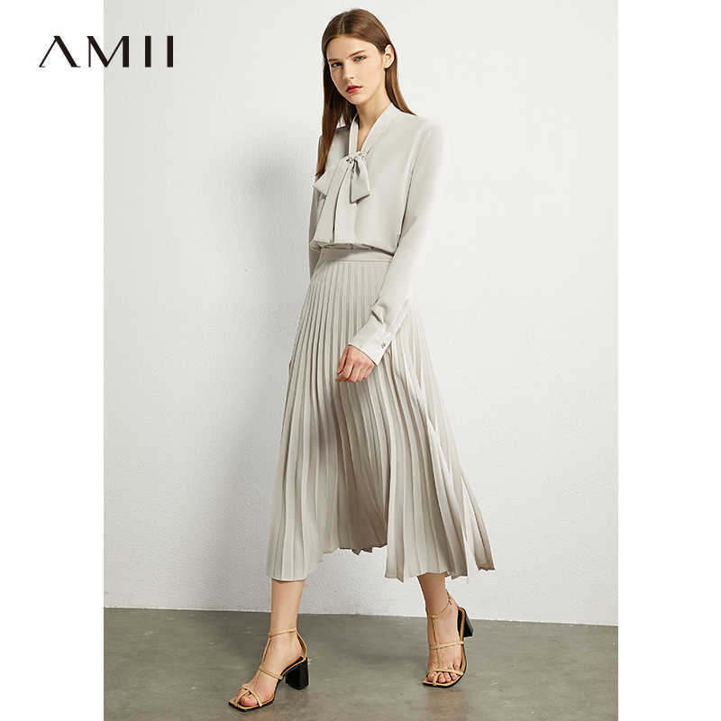Minimalism Autumn Olstyle Set Fashion Bow Neck Full Sleeve Loose Women Shirt High Waist Pleated Female Skirt 12040337 210527