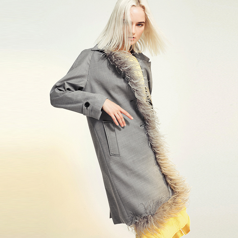 [EAM] Women Feather Spliced Asymmetric Trench New Lapel Long Sleeve Loose Fit Windbreaker Fashion Tide Spring Autumn 2021 1B098 210218
