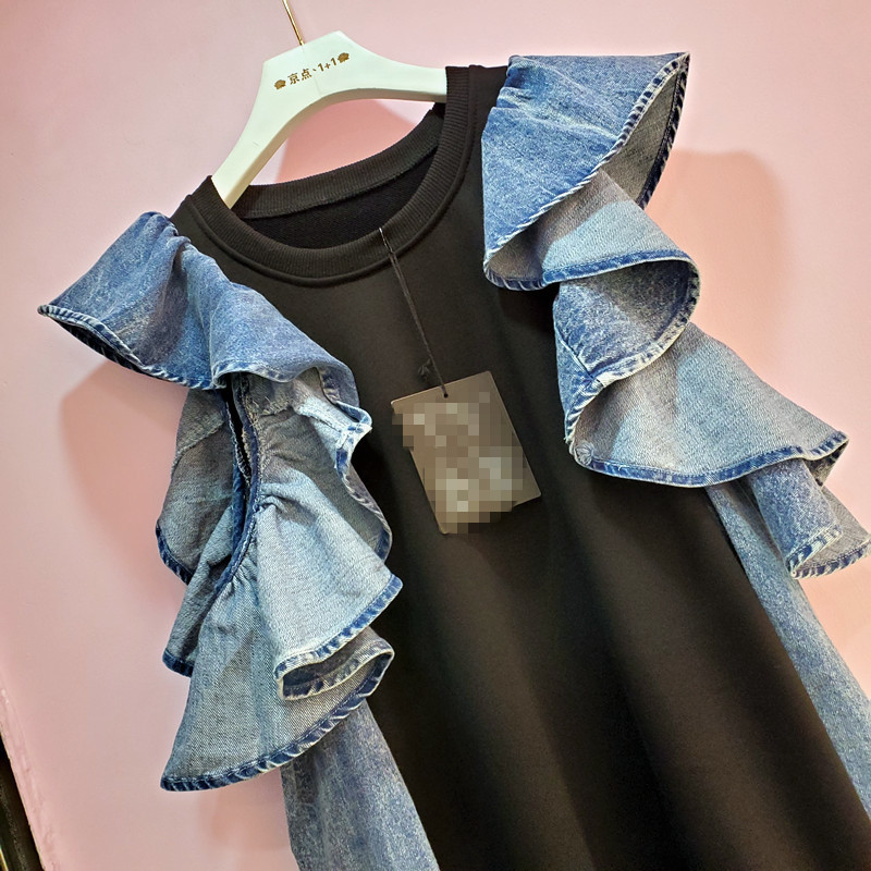 [EWQ] Autumn New Ladies Pullovers Tops Fashion Stitching Denim Hollow Out Shoulder Ruffled Sleeve Sweatshirt Women 16Q411 201102