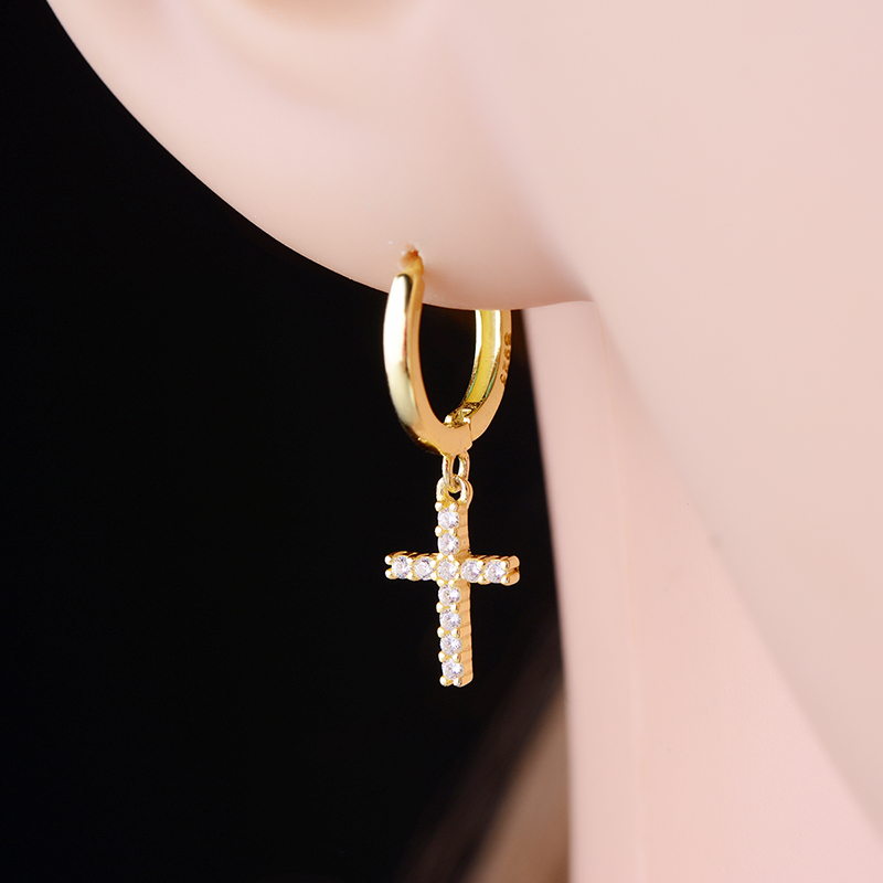 Authentic 925 Sterling Silver Gold Color Cross Dangle Hoop Earrings Women Girls Fashion Zircon Crystal Jewelry Gift Bijoux