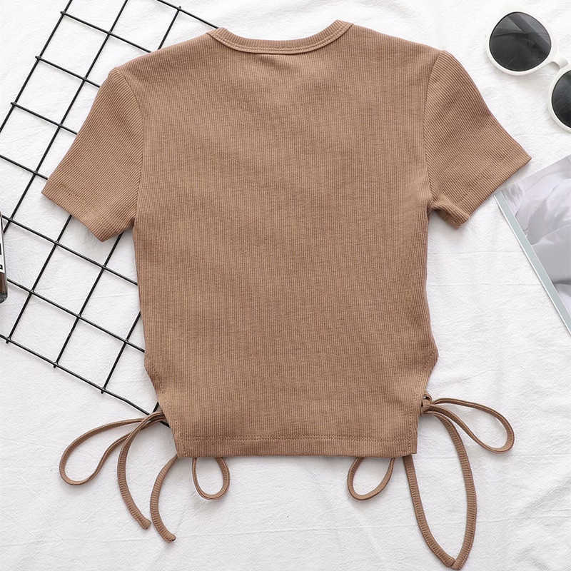 Casual Women Soft Cotton V Neck T-shirt Summer Fashion Ladies High Street Solid Color Female Tie Waist Top 210527